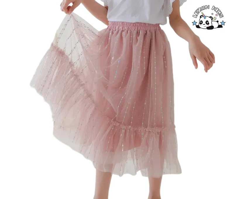 LEZONKIDS - Saia Longa de Tule com Estampa de Folha de Prata para Meninas, Personalizável, com Forro de Algodão Doce